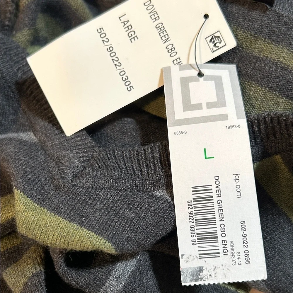 NWT Claiborne Men's V-Neck Sweater - Black and Olive Stripes Size L
